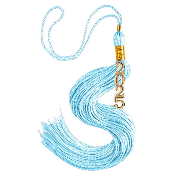 A light blue tassel with gold accents and 2025 attached at the top.